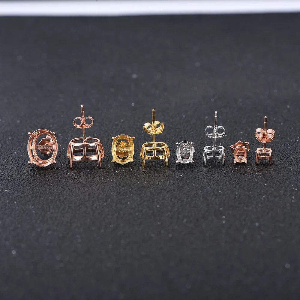 Oval 4-prong silvery Golden Rose golden color solid 925 sterling silver stud earring settings DIY jewelry supplies