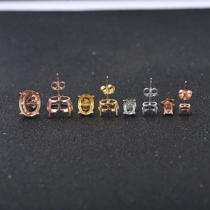Oval 4-prong silvery Golden Rose golden color solid 925 sterling silver stud earring settings DIY jewelry supplies