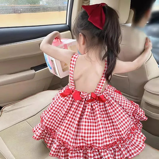 Vestido Lolita para Meninas, Estilo Verão, Vestido Princesa Xadrez Elegante para Crianças, Vestido de Alça Sem Costas para Bebê Menina