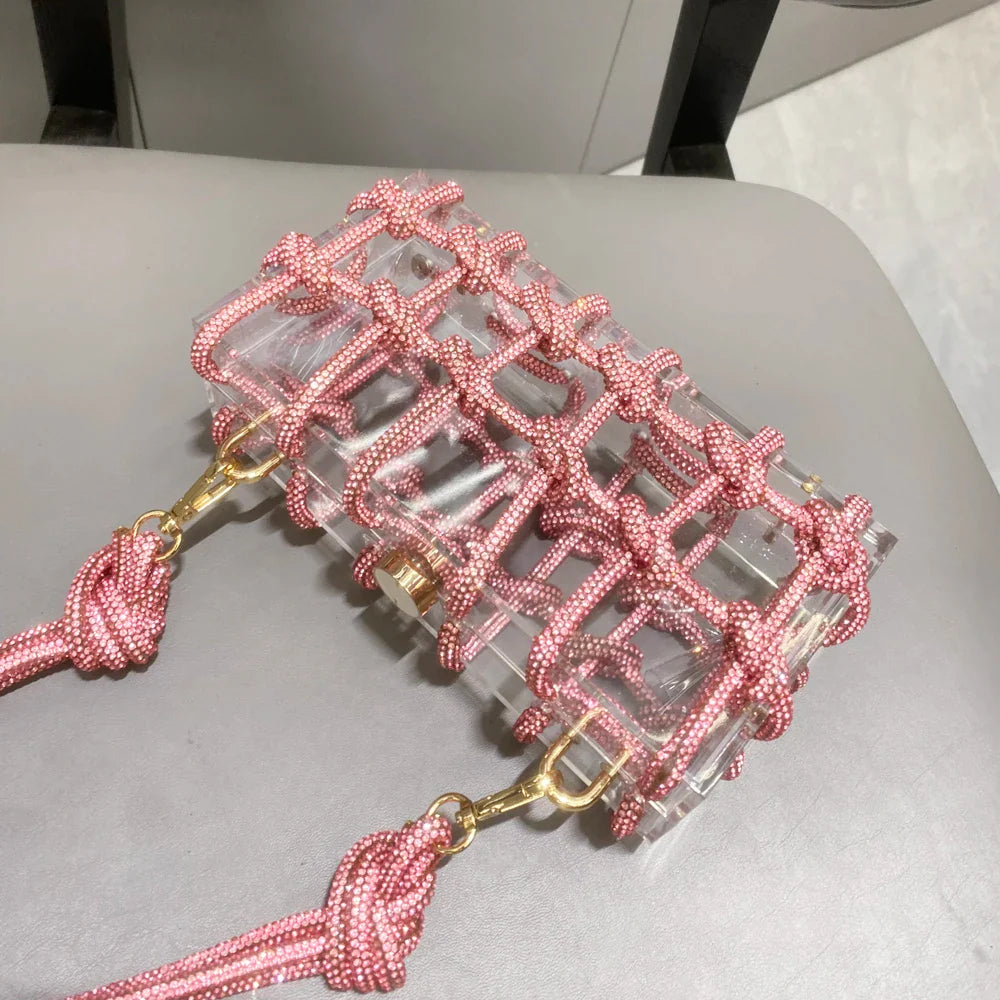 Bolsa de Noite com Alça e Strass Prateada de Cristal Feita à Mão para Mulheres, Bolsas e Bolsas de Mão de Designer de Luxo para Banquete