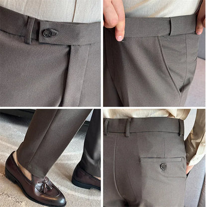 Autumn Winter High Quality Suit Pants Men Solid Color Elastic Waist Slim Fit Smart Casual Wrinkle Free Suit Trousers Mens Pant