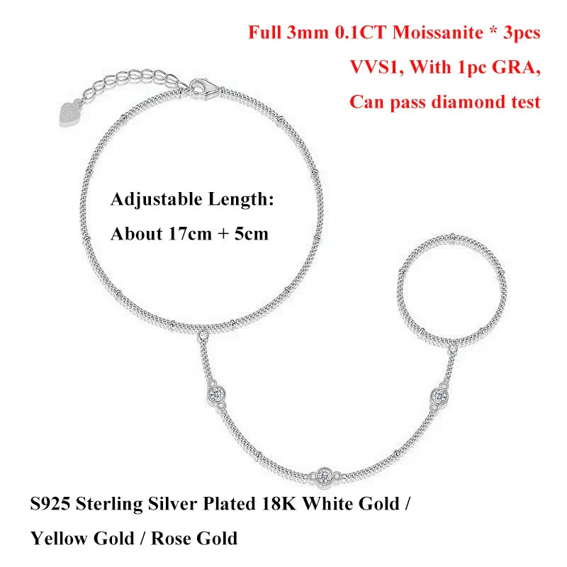 Round Bezel Full 0.1CT 3mm D Color Moissanite Diamond Link Bracelet for Women 925 Silver Adjustable 17-22cm Finger Chain