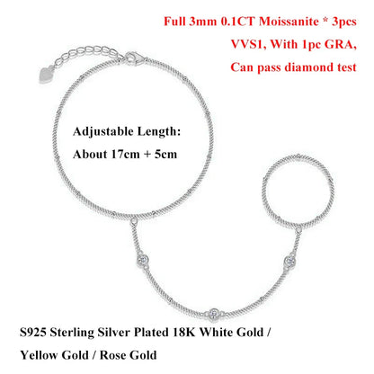 Round Bezel Full 0.1CT 3mm D Color Moissanite Diamond Link Bracelet for Women 925 Silver Adjustable 17-22cm Finger Chain