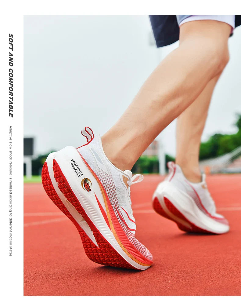 Sapatos de corrida esportivos casuais masculinos e femininos de moda com superfície de malha respirável, suporte de placa de carbono e sola de borracha resistente ao desgaste
