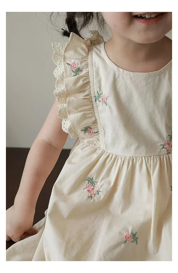 Summer Girls Dress Children's Clothing Bow Embroidered Flower Collar Girl's Dress Cartoon Printed Flying Sleeves Princess Dress