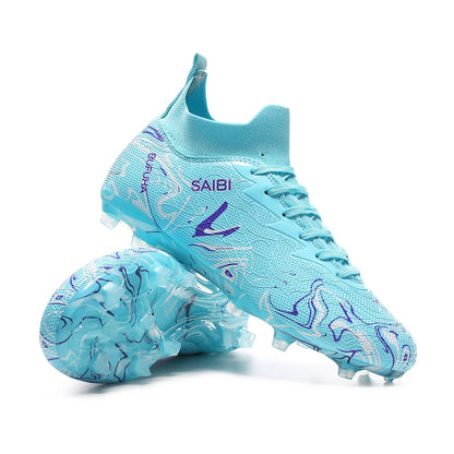 High-top football boots with long FG studs and TF studs,suitable for both men and women,featuring breathable and non-slip design