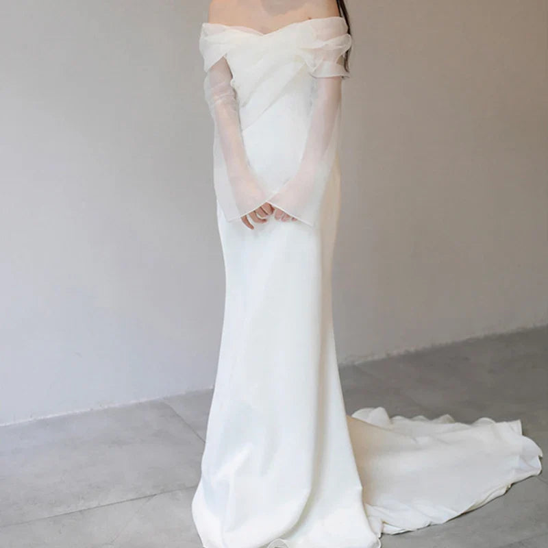 One Shoulder Satin Light Wedding Dress with Simple and Slim Fit Sweet Long Sleeved Bride Evening Gown Vestidos De Novia