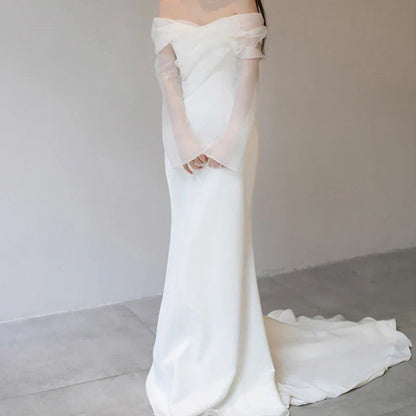 One Shoulder Satin Light Wedding Dress with Simple and Slim Fit Sweet Long Sleeved Bride Evening Gown Vestidos De Novia