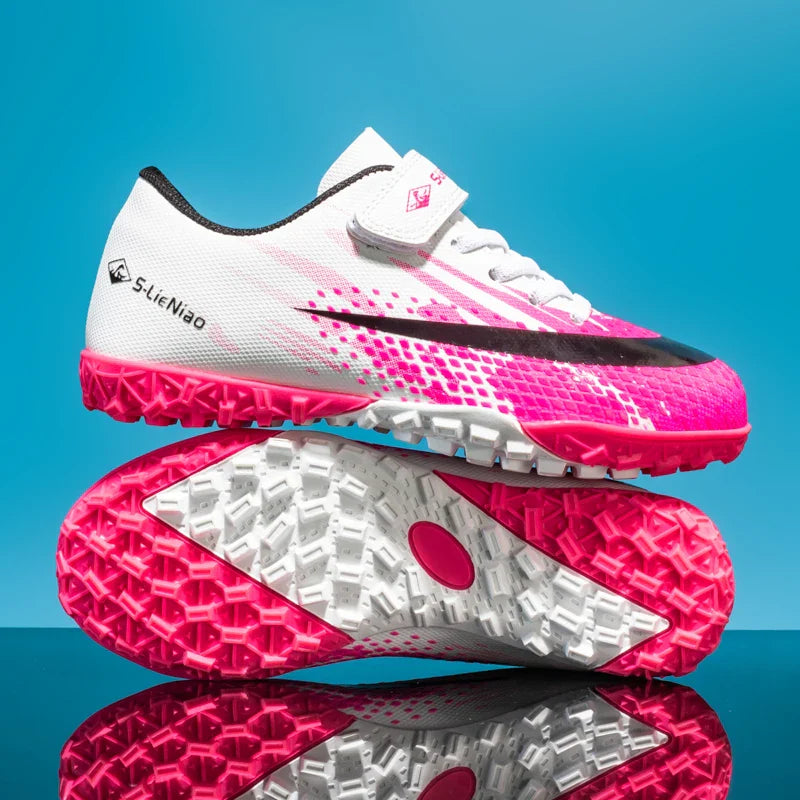 Kids' Turf Soccer Shoes with Rubber Soles, White/Pink, Black/Gold & WhiteMoon for Training