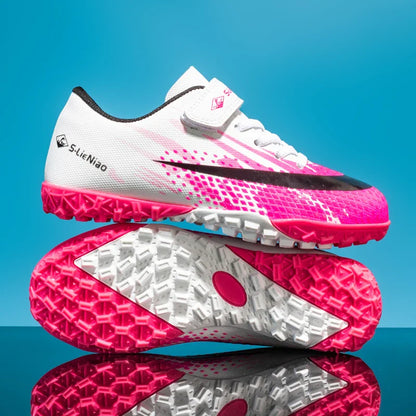 Kids' Turf Soccer Shoes with Rubber Soles, White/Pink, Black/Gold & WhiteMoon for Training