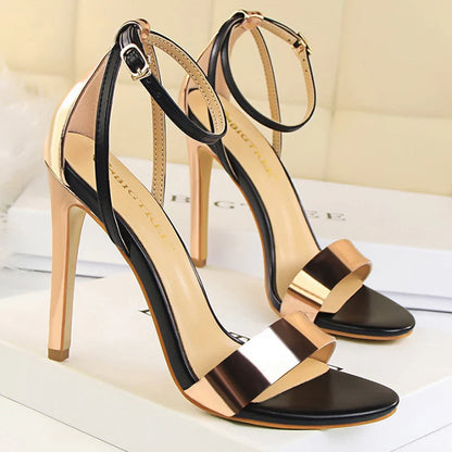 Women Black-White Concise Leather 11cm High Heels Sandals Lady Adjustable Ankle Buckle Shoes Female Fashion Party Dress Shoes