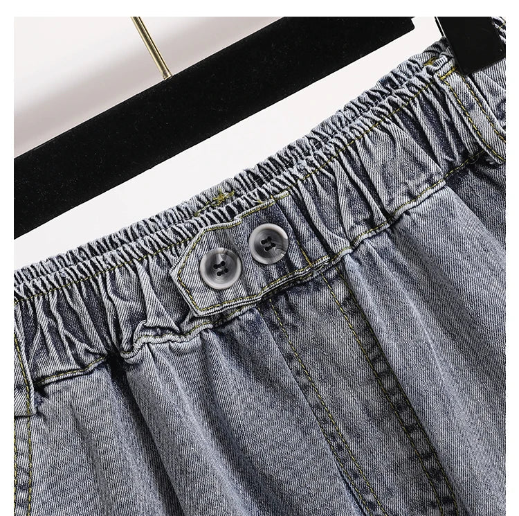 Plus Size Shorts For Women 2024 Summer New Arrivals High Elastic Waist Crimping Wide Leg Loose Streetwear Blue Jeans Shorts
