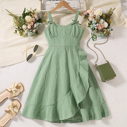 Summer Girl's Dress 8-12 Years Old Cute Bow-Embellished Slip Panel Uneven Hem Sweet Elegant Ladylike Fashion for Kids