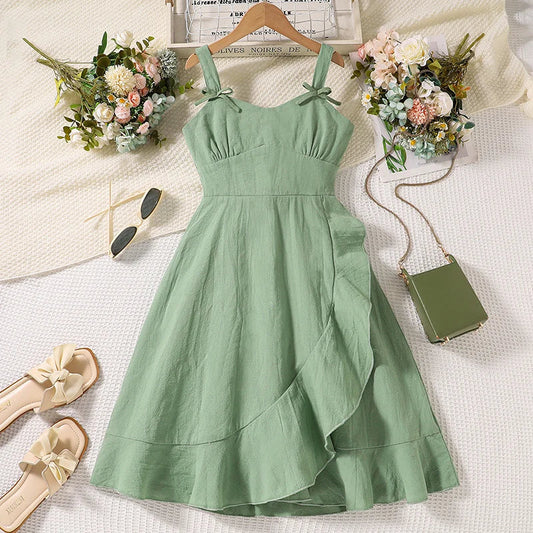 Summer Girl's Dress 8-12 Years Old Cute Bow-Embellished Slip Panel Uneven Hem Sweet Elegant Ladylike Fashion for Kids
