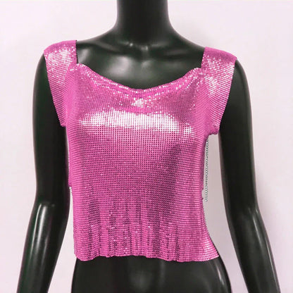 Women Metal Sequins Crop Tops Sexy Hollow Out Sleeveless Backless Y2k Tank Tops Nightclub Party Rave Festival Camisole 2023 New