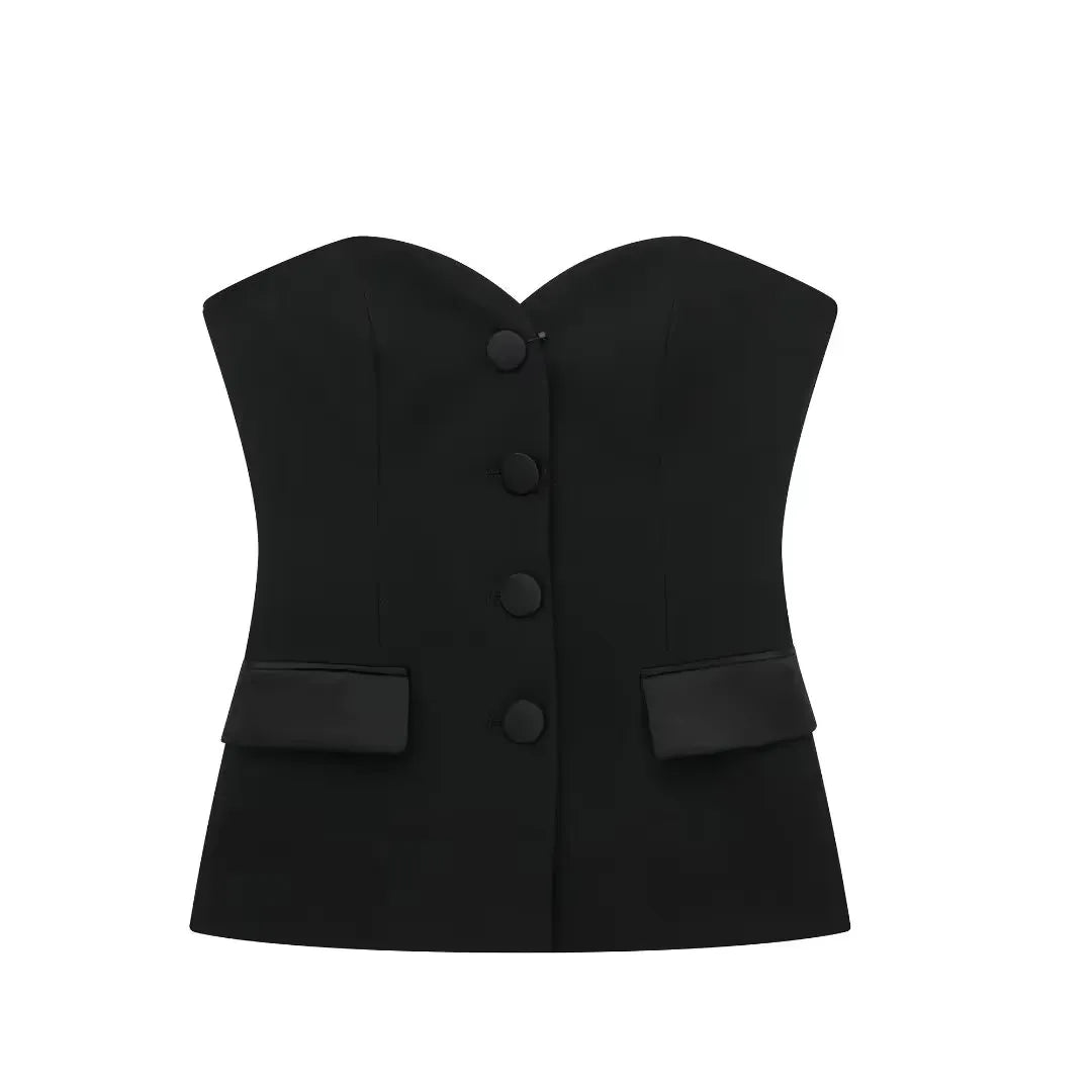 Summer Women Elegant White Top Front Button Corset Tube Top Strapless Sleeveless 2024 Fashion Y2k Female Chic Top