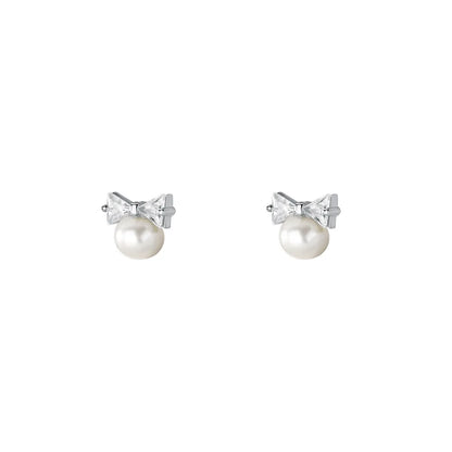 Korea Exquisite Vintage Zircon Pearl Bow Sweet Stud Earrings for Women 925 Sterling Silver Jewelry