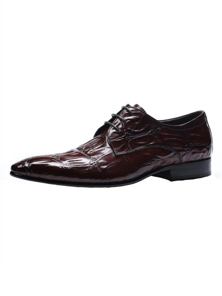 Business Men Crocodile Pattern Cowhide Genuine Leather Dress Shoes Lace Up Pointed Toe Derby Shoes Spring Wedding Formal Shoes