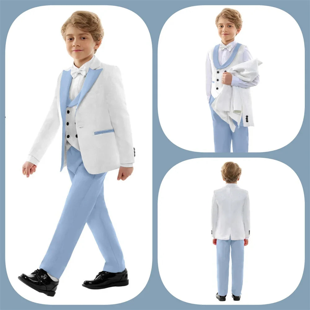 Premium Boys White And Light Blue Contrast Formal Suit Set 4PCS Design Elegant Occasion Wear For Wedding Banquet Performance