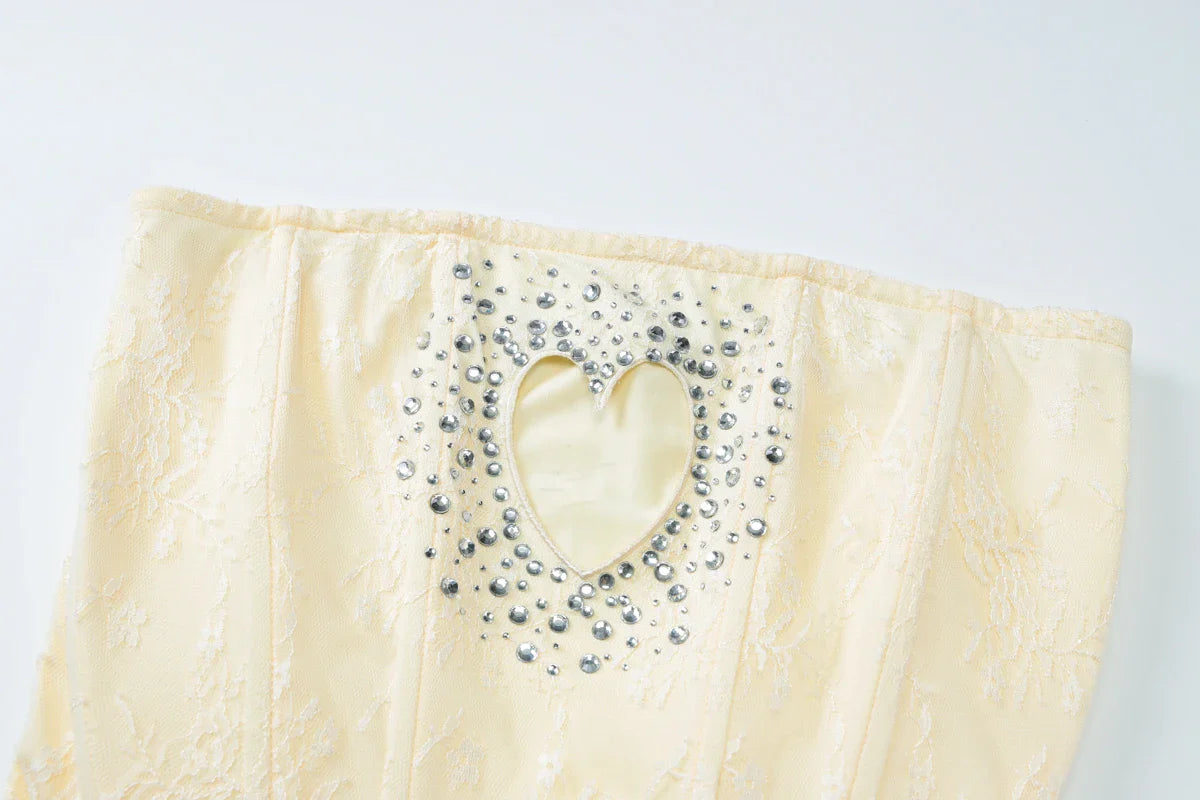 Fashion Sequined Strapless Heart Shape Hole Sexy Zipper Patchwork Mesh Mini Dress Summer Outfits Birthday Festival
