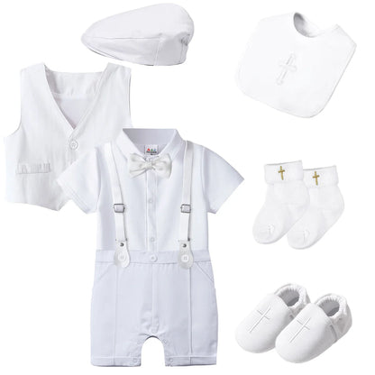 Baby Boys Baptism Outfit Infant Wedding Gentleman Set Christening Formal Birthday Party Suit Suspender Bow Tie Romper
