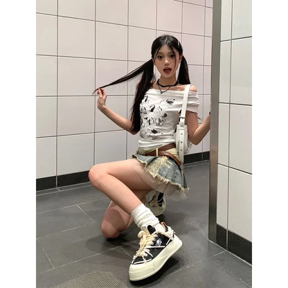 Summer Women Japanese Y2k Kpop 2000s Aesthetic Mini Denim Patchwork Skirt Chic Shoujo Design Party Gyaru Coquette Korean Fashion