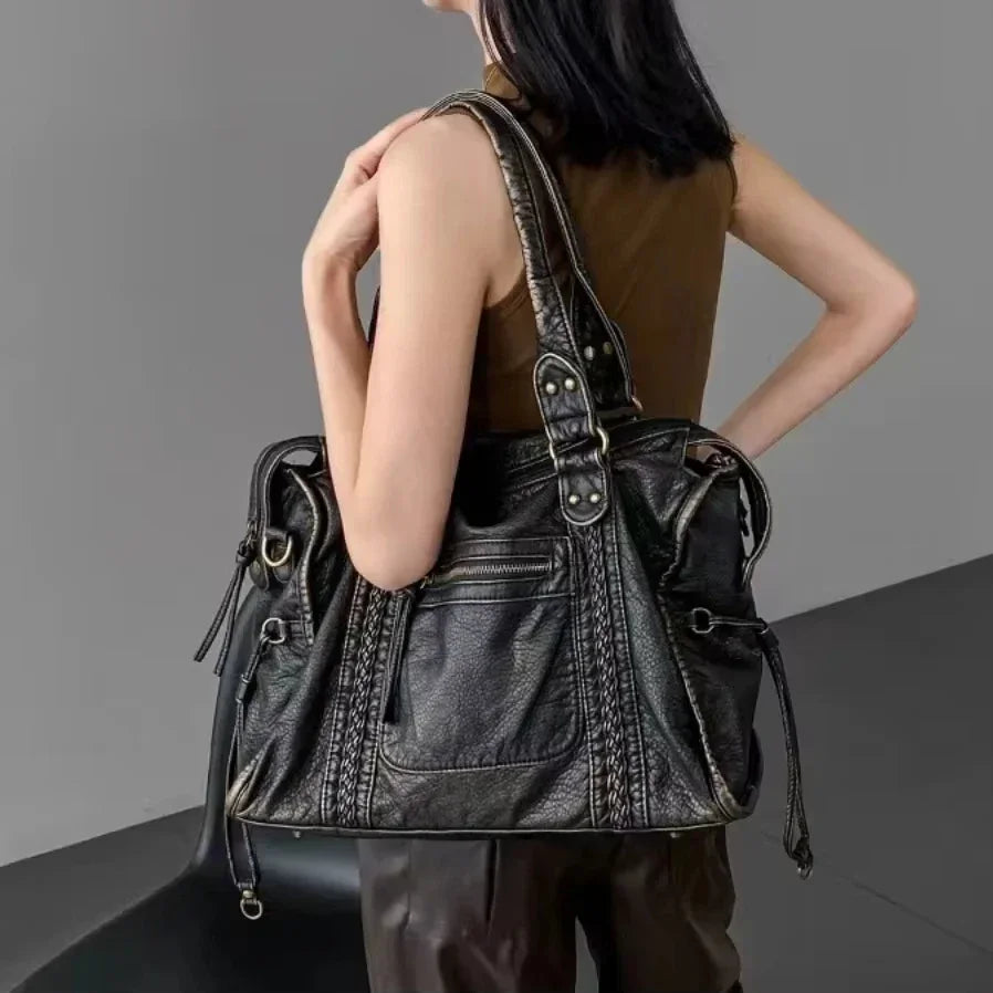Braided Trim Black Leather Tote Bag with Gold Rivets & Front Zipper Pocket - Top Handle Work Purse for Women, Briefcase ﻿ ﻿