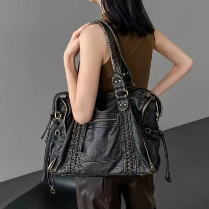 Braided Trim Black Leather Tote Bag with Gold Rivets & Front Zipper Pocket - Top Handle Work Purse for Women, Briefcase ﻿ ﻿