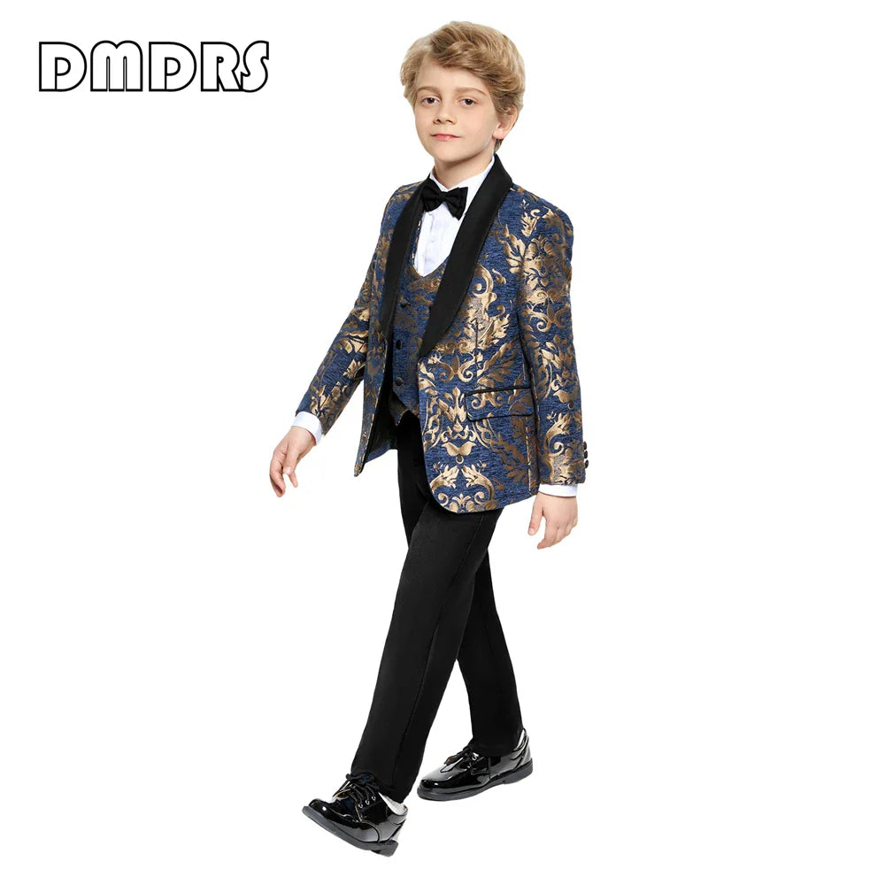 Paisley Slim-Fit Suit Set for Boys with Black or Navy Collar for Weddings