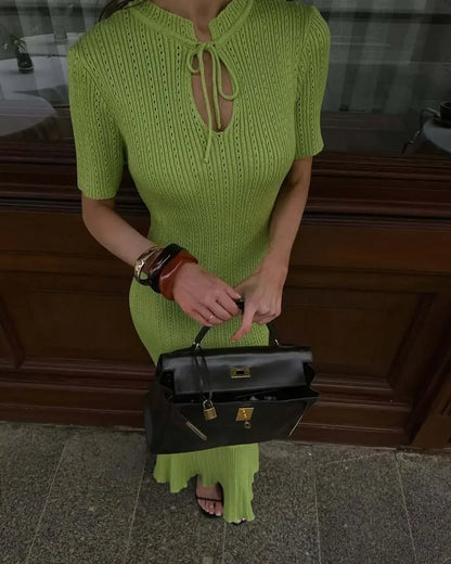 Long Dress Female Short Sleeve Slim Hollow Retro Elegant Sweater Dress 2025 Summer High Waist Woman Dress