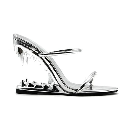 Big Gold Chain Peep Toe Tiger Teeth Heel Sandals 2024 New Fashion Silvery Beach Party Outdoors Women's Slippers Size 35-43