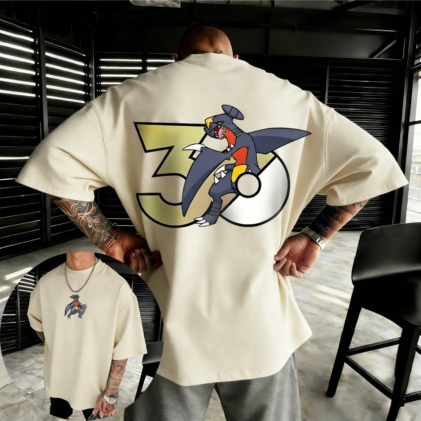 30th Anniversary Garchomp Printed T-shirt Summer Men's and Women's Loose Casual Hip Hop Trendy Short Sleeve Top
