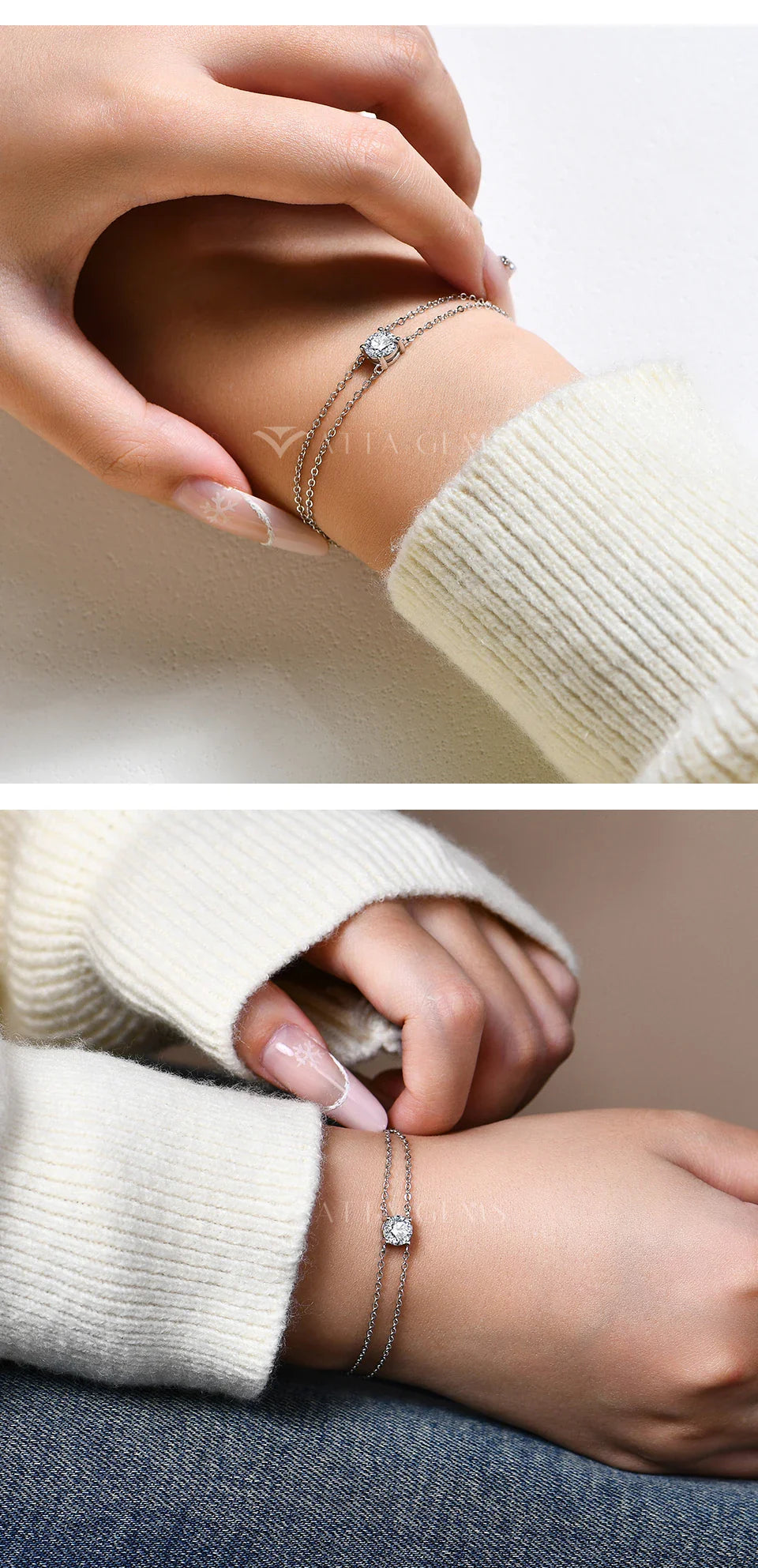 S925 Silver Double Chain Solitaire Moissanite Women Bracelet Adjustable 16+3cm Elegant Everyday Jewelry Gifts Wholesale