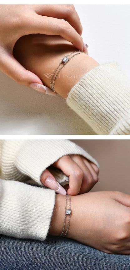 S925 Silver Double Chain Solitaire Moissanite Women Bracelet Adjustable 16+3cm Elegant Everyday Jewelry Gifts Wholesale