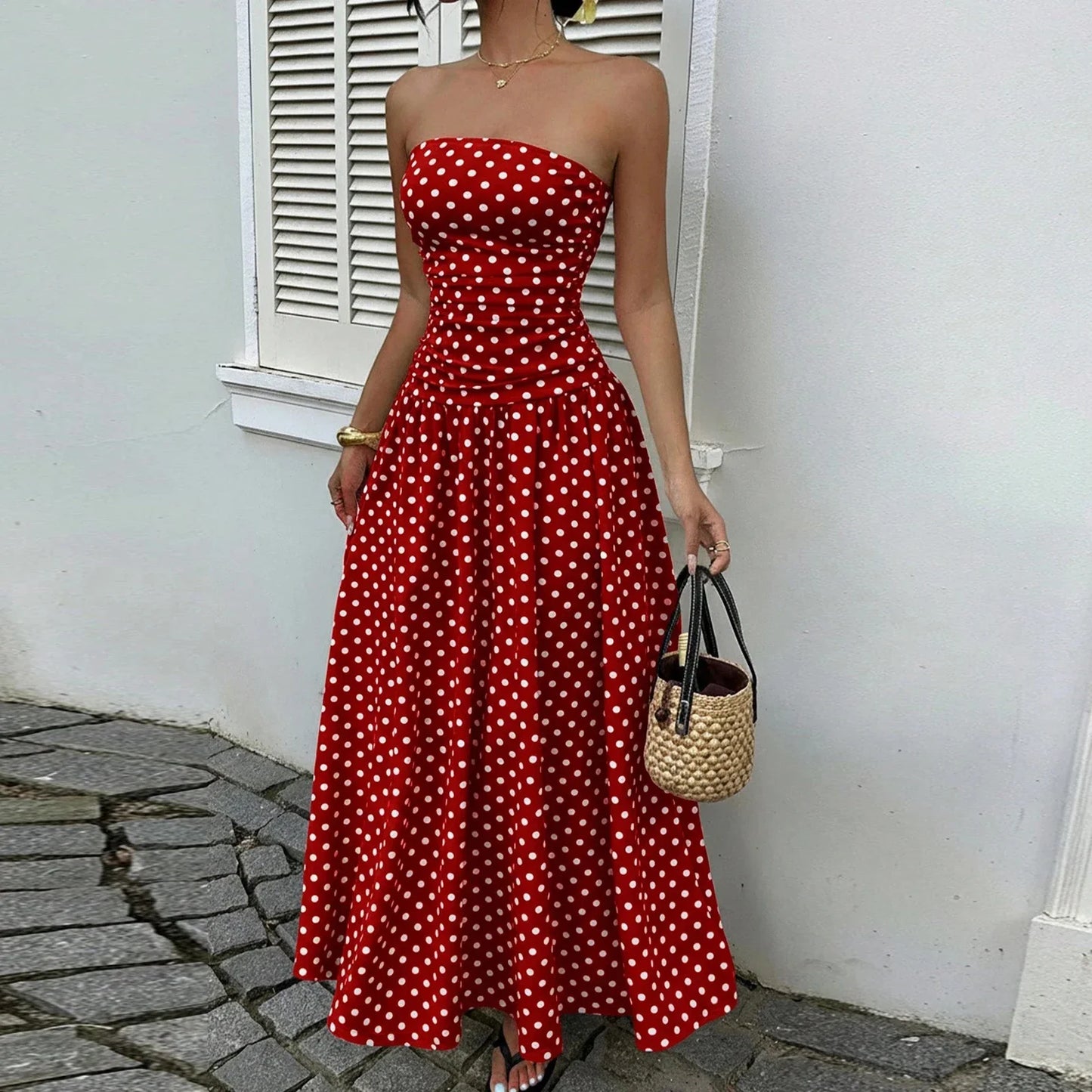 Women's Polka Dot Maxi Dress Off Shoulder A-line Waist Slimming Dress Fashion Evening Gown Retro Elegant Polka Dot Patry Dresses