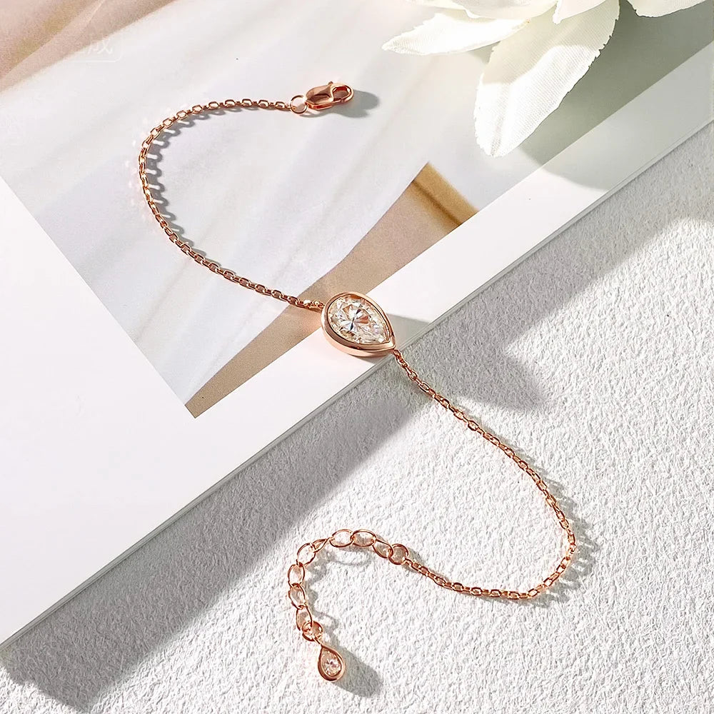 Lucky Clover Full Moissanite Link Bracelet Women S925 Silver Pear Cut Lab Diamond Bridal Adjustable Dainty Hand Chain Gift