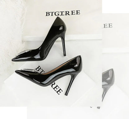 American Banquet High Heels Slim Heels Shiny Patent Leather Shallow Mouth Pointed Toe Shining Rhinestone High Heels Single Shoes