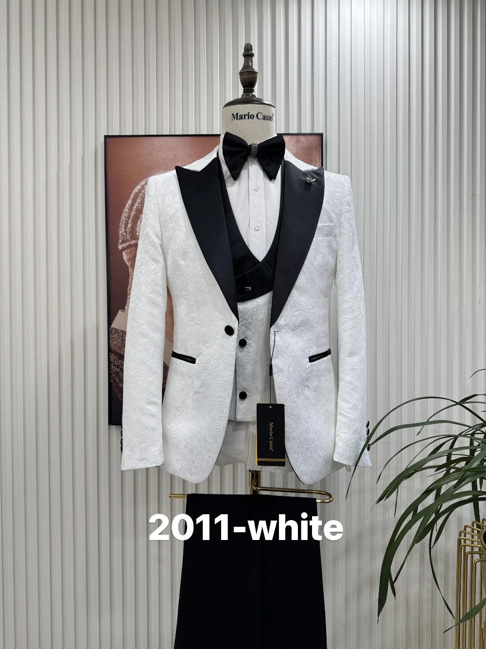 Premium Men's White Patterned 3-Piece Formal Tuxedo Black Lapel Slim Fit Groom Suit For Wedding Ball Dinner Party Formal Set