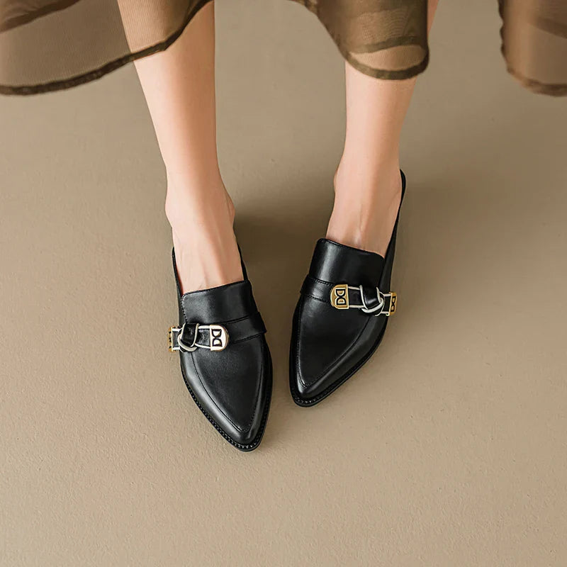 2025 French Style Genuine Leather Sandals Women Covered Toe Butterfly Knot Party Dating Sandals Office Ladies Pumps