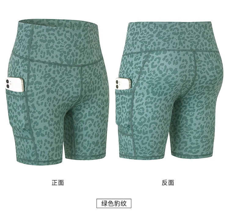 Women's printed nude yoga shorts with pockets skin-friendly tight stretch quick-drying sports fitness hiking running shorts
