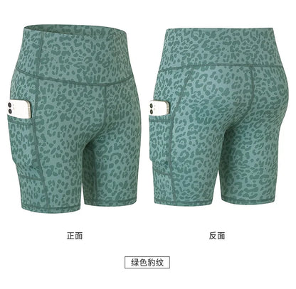 Women's printed nude yoga shorts with pockets skin-friendly tight stretch quick-drying sports fitness hiking running shorts