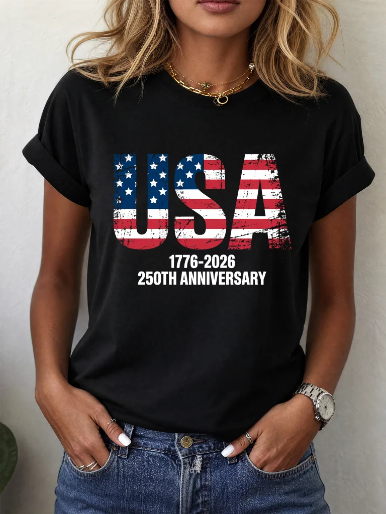 Women's 250th Anniversary 1776-2026 T-Shirt USA American Flag Print 4th of July Patriotic Casual Short Sleeve Tops