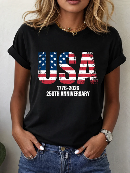 Women's 250th Anniversary 1776-2026 T-Shirt USA American Flag Print 4th of July Patriotic Casual Short Sleeve Tops