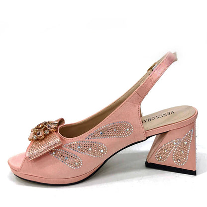 Italian Shoes and Bags Matching Set for Women Bow Rhinestones Peep Toe High Heels Purple Color Nigerian Party 2024