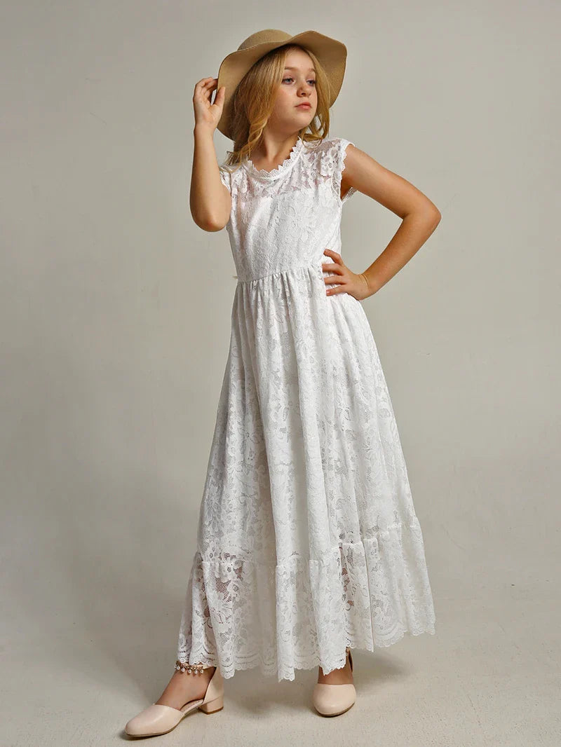 Princess Girls Lace Bohemia Long Dresses Baby Kids Flower Wedding Party Dress Cotton Lining Vestidos Costume Children Clothing