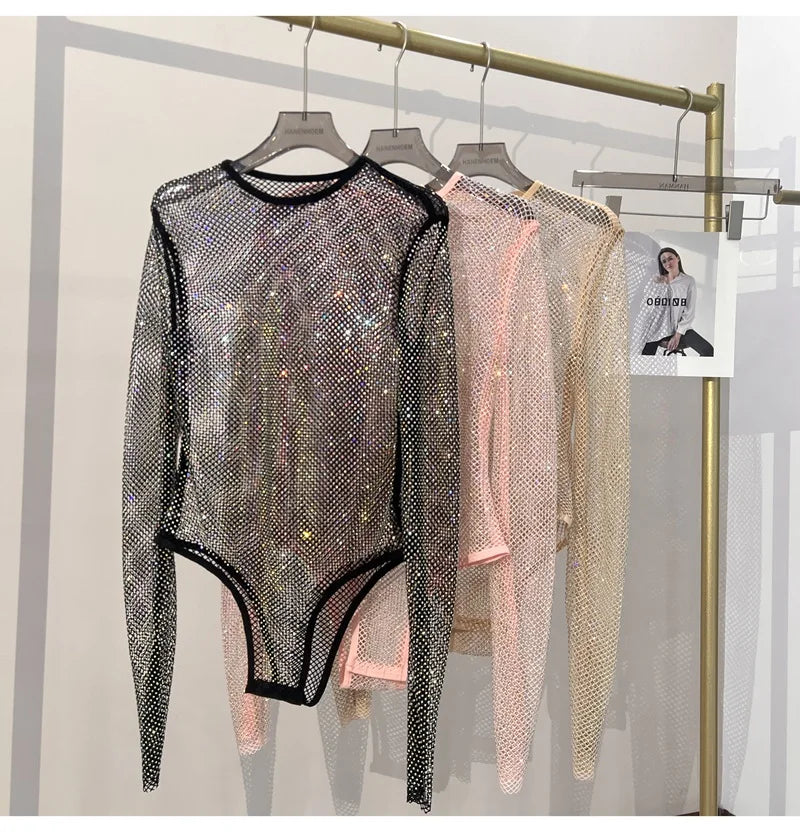 Women's Shiny Rhinestone Fishnet See-Through Bodysuit Mesh Fashion Sexy Bodysuit