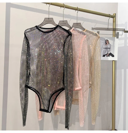 Women's Shiny Rhinestone Fishnet See-Through Bodysuit Mesh Fashion Sexy Bodysuit