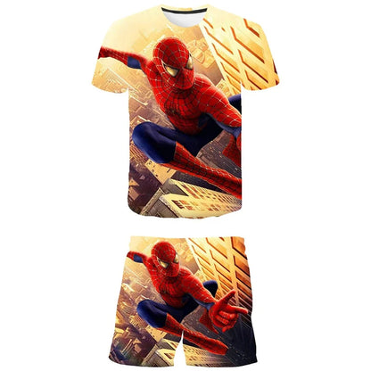 Kids Summer Tshirt Set Boys Spider-Man Trendy 2 Piece Hulk Iron Man Spiderman Outfit