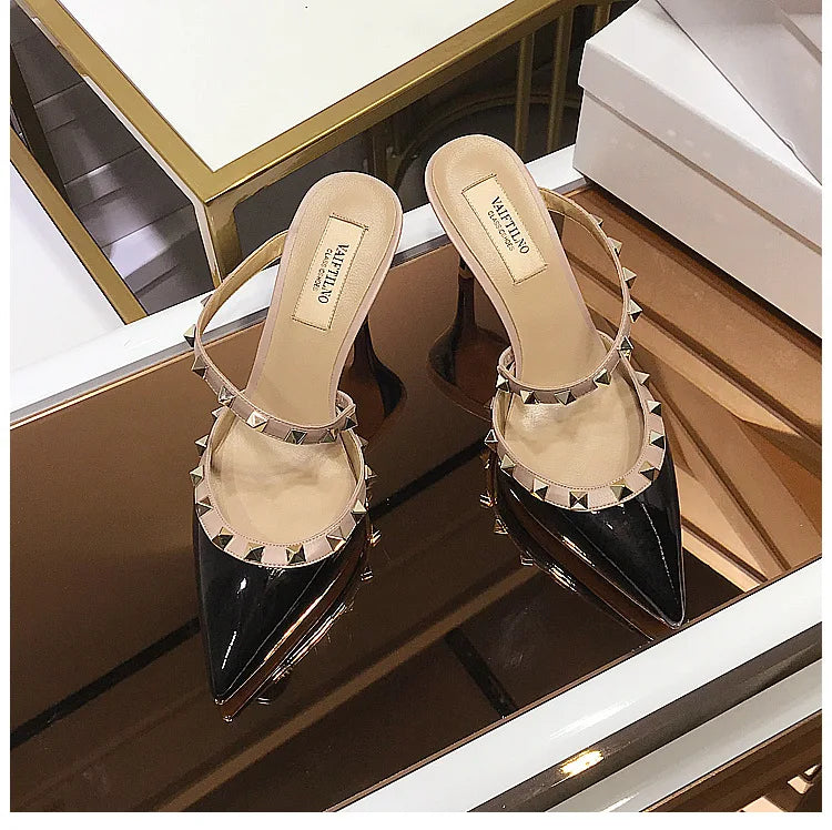 2025 New Genuine Leather Gladiator Pumps Sandals Luxury Metal Rivets Summer Women Outdoor Slippers Black Fashion High Heels 41