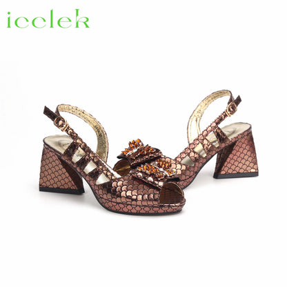 Italian Hollow Design Shoes Matching Bag in Coffee Color Comfortable Heels Ladies Sandals for Party